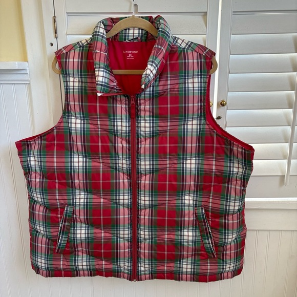 Lands’ End Red Tartan Plaid Full Zip Down Puffer Vest Jacket Women’s Size 2X - Picture 1 of 6